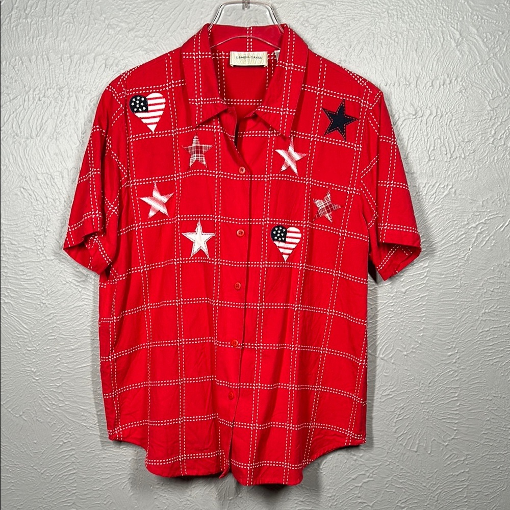 Lemon Grass Red Checkered Shirt with Star and Heart American Flag Patches Large
